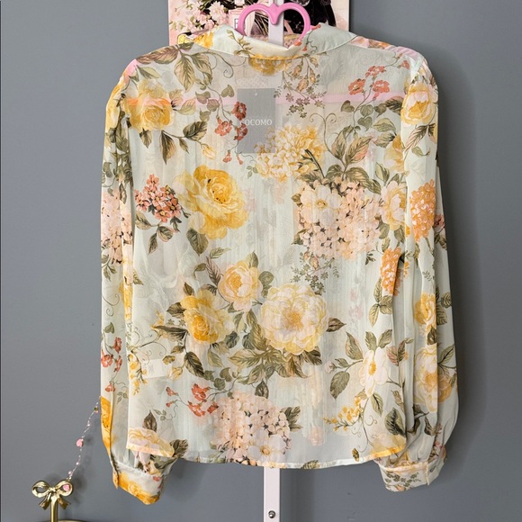 Violetta Botanical Blouse | Wide Bishop Sleeves Floral Blouse in Sea Green Color - Picture 11 of 11